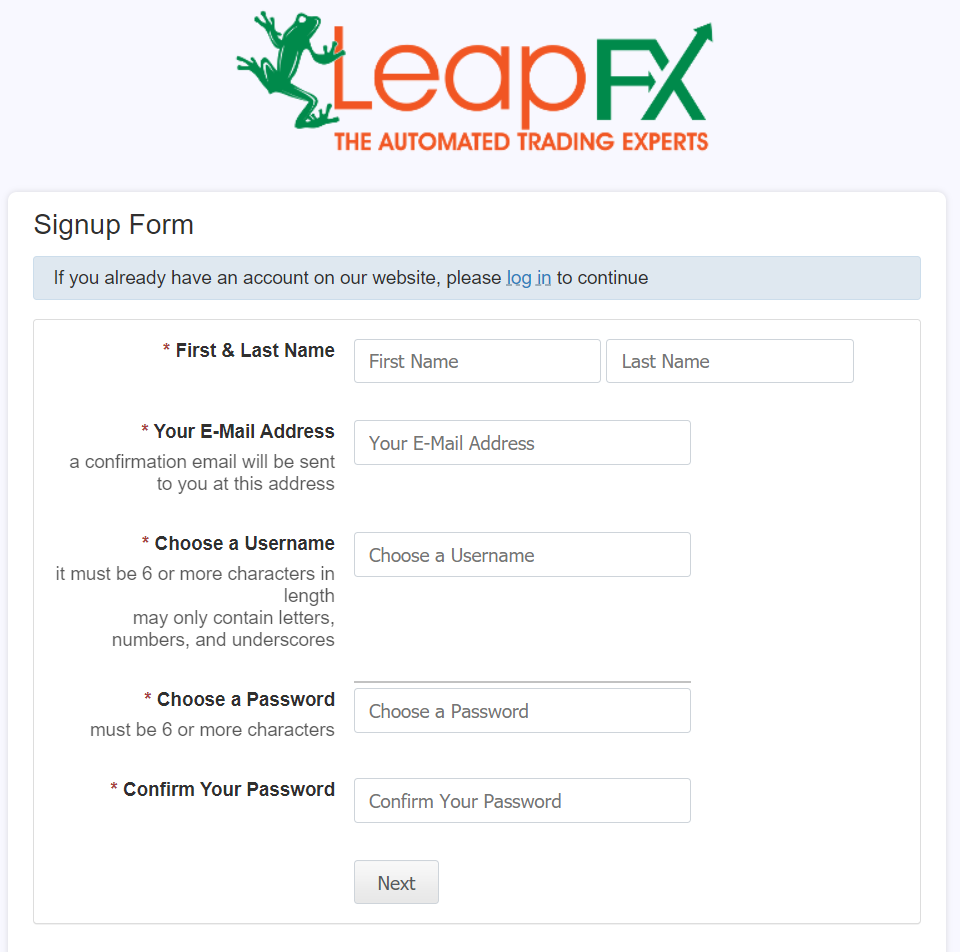 AutoArb. To purchase a robot, we have to complete a registration on LeapFX