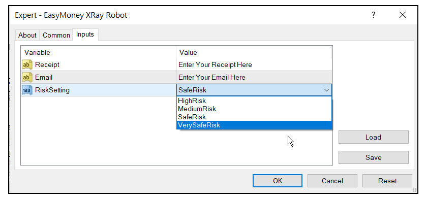 Easy Money X-Ray Robot settings