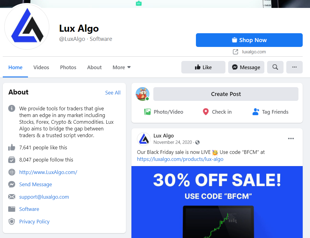 Lux Algo Facebook page