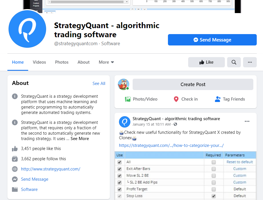 StrategyQuant‌ ‌X FaceBook profile