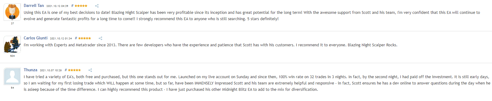 User reviews for Blazing Night Scalper on MQL5.