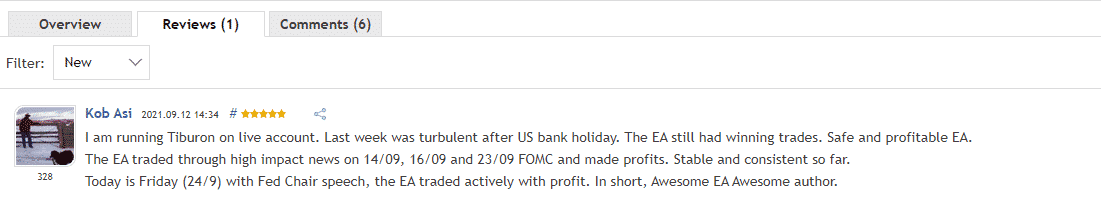 Customer review for Tiburon EA on MQL5.