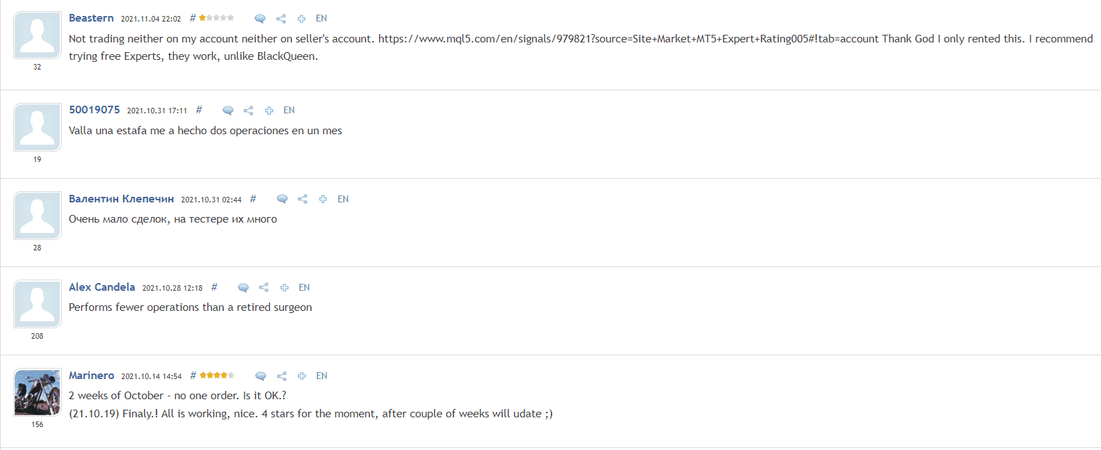 People feedback on the MQL5 website.