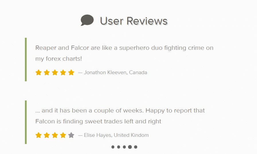 User reviews for Falcor Forex Robot on the official website.