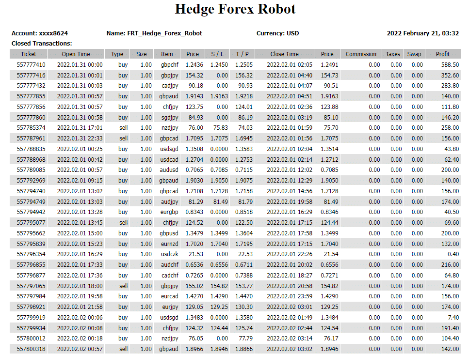 Hedge Forex Robot trading results.